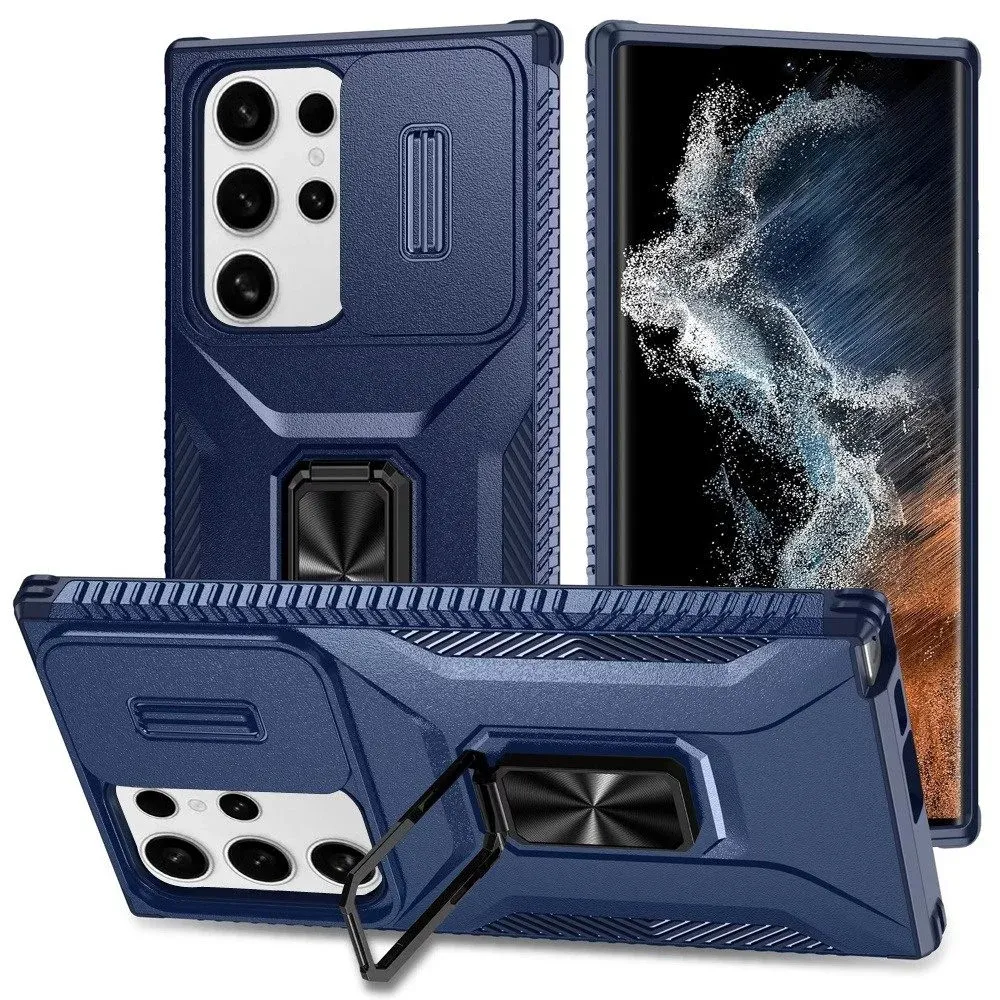 Complete Magnetic Metal Ring Stand Camera Protection Hybrid For Samsung Galaxy S22 Ultra - Blue
