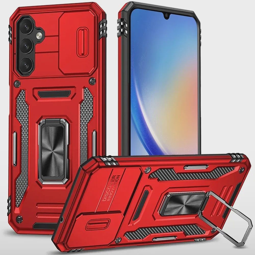 For Samsung A17 5G Utter Tough Metal Ring Movable Camera Window Hybrid Case Cover - Red