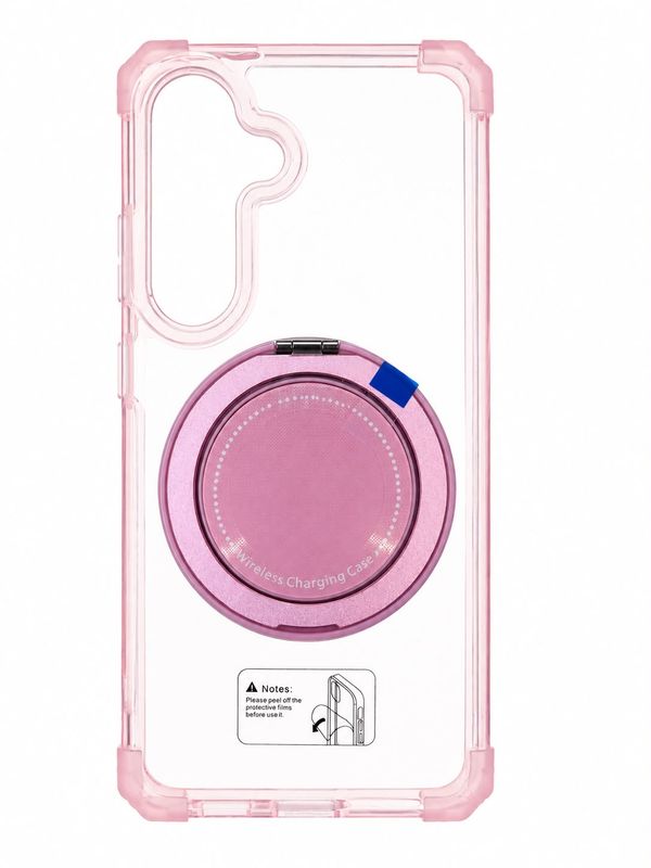 For Samsung s25/s24 Shield Magnetic Ring Transparent HQ 360 Degree Rotational Shockproof Case Cover - Pink