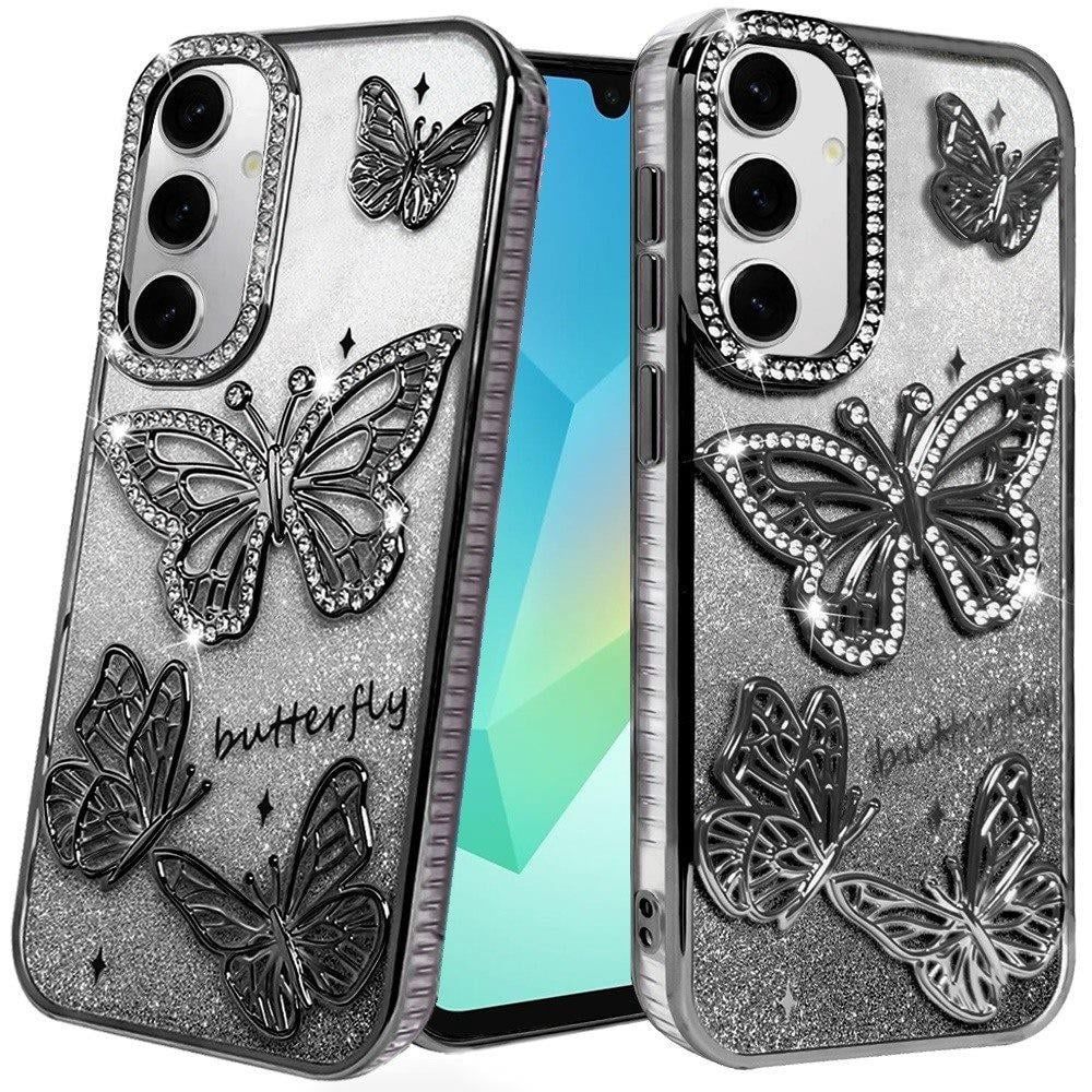 For Samsung A16 5G Butterfly Freedom Shimmer Glitter Thick TPU Case Cover - Black