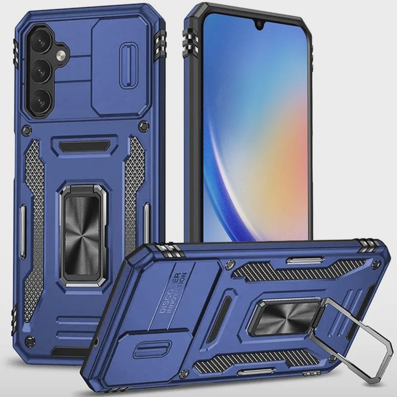 For Samsung A17 5G Utter Tough Metal Ring Movable Camera Window Hybrid Case Cover - Navy blue