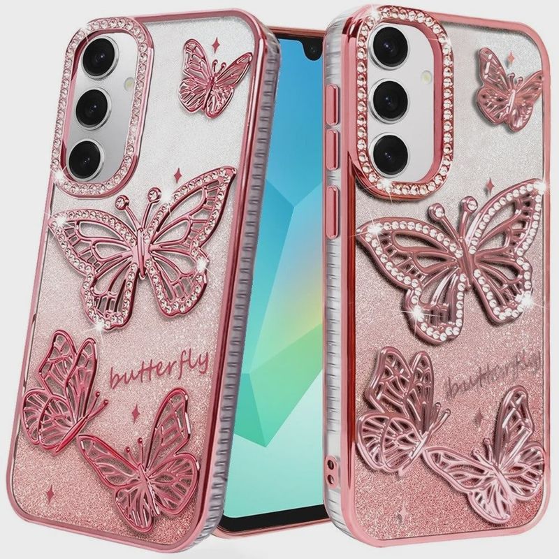 For Samsung A16 5G Butterfly Freedom Shimmer Glitter Thick TPU Case Cover - Rose Gold