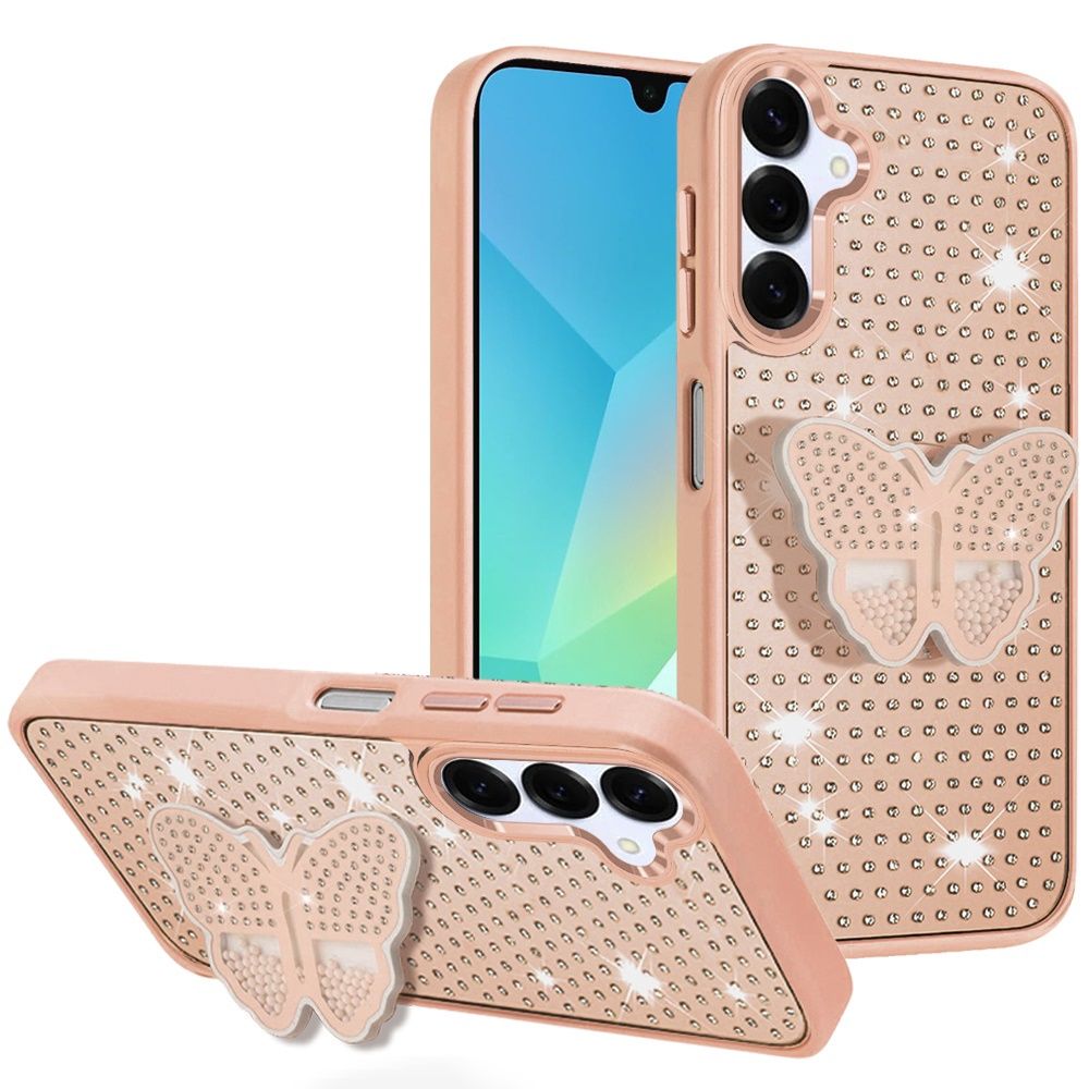 Butterfly Moveable Grip Stand With Small Diamonds Meta Buttons HQ Hybrid A36 5G - Rose Gold