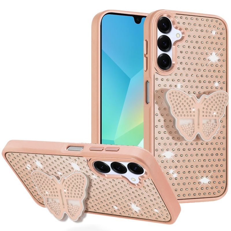Butterfly Moveable Grip Stand With Small Diamonds Meta Buttons HQ Hybrid A36 5G - Rose Gold