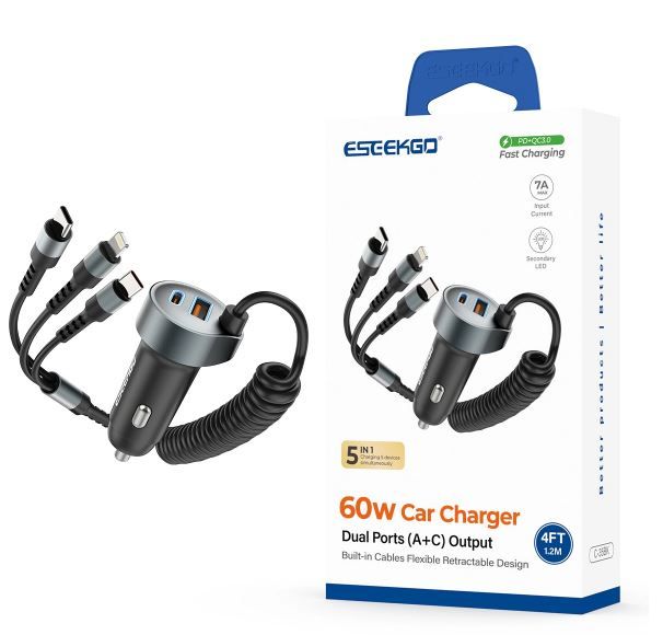 ESEEKGO C-35BK Retractable 50W Car Charger with 3 In 1 Cable