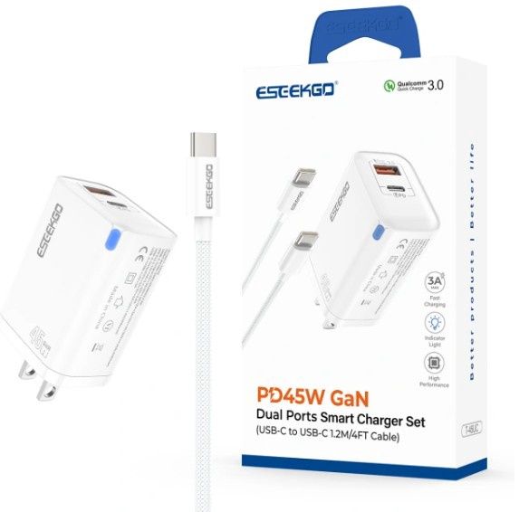 ESEEKGO T-45UC QC3.0 GaN PD45W Fast Charger WithC -C 60W/3.0A Data Cable
