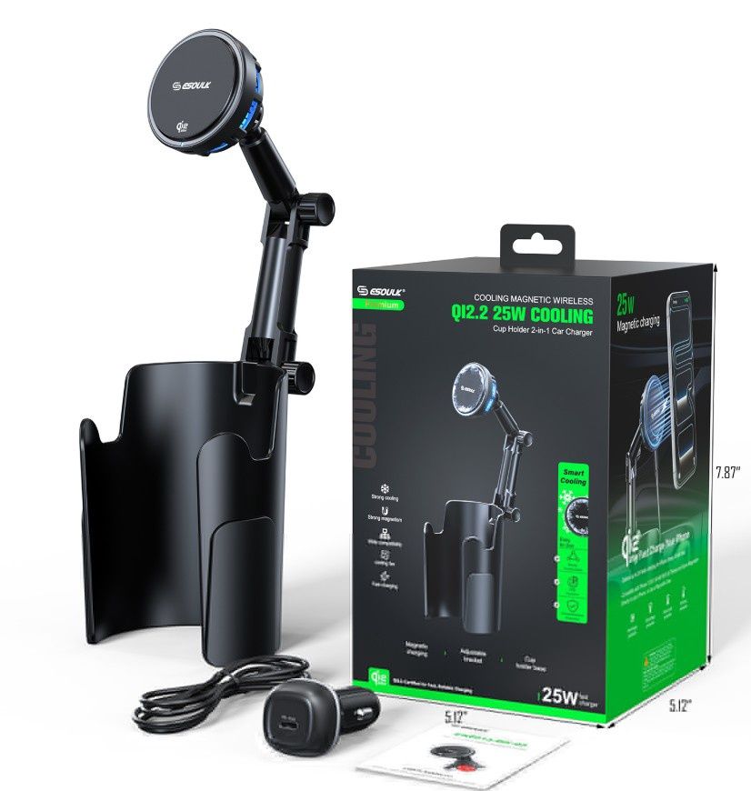 EK6013-BK-04:Esoulk Cooling Magnetic Wireless Cup Holder 2 in 1 Car Charger 25W
