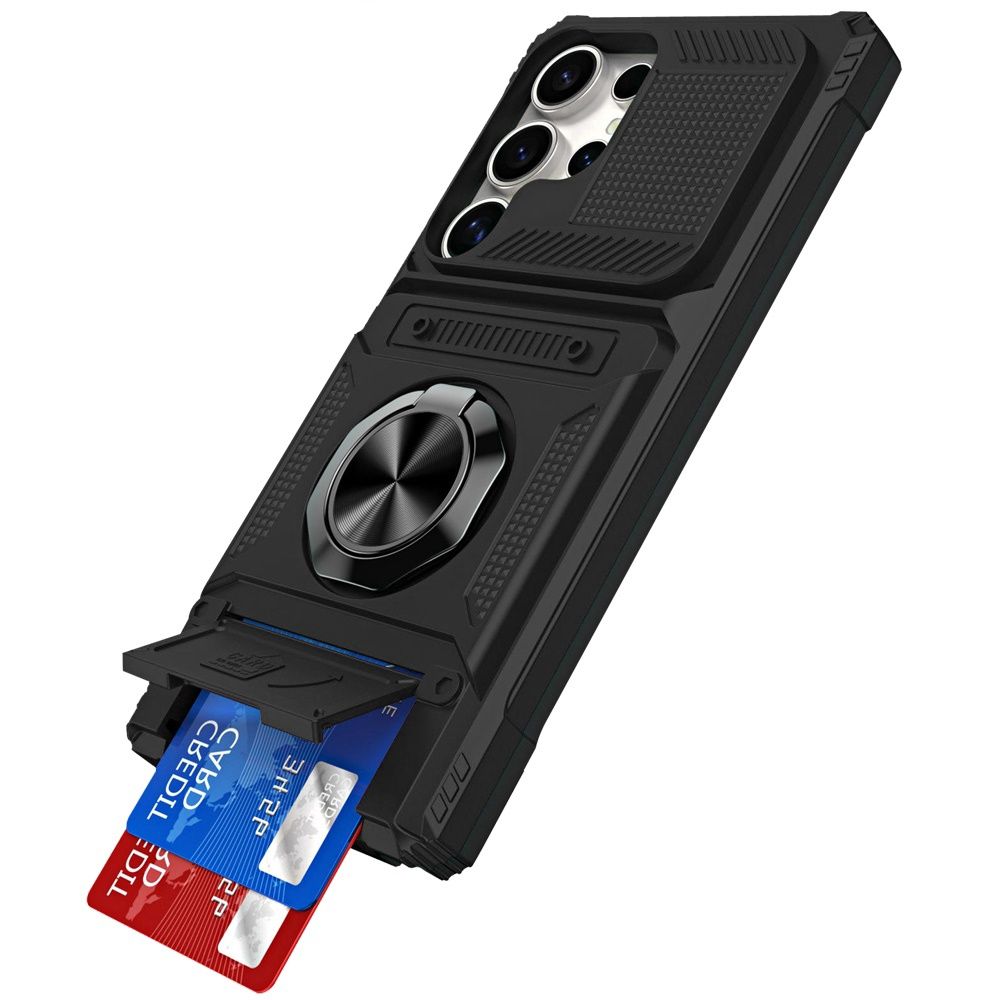 For Samsung s26 Ultra Multi-Functional 2X Card Slot Shockproof Metal Ring Hybrid Case - Black