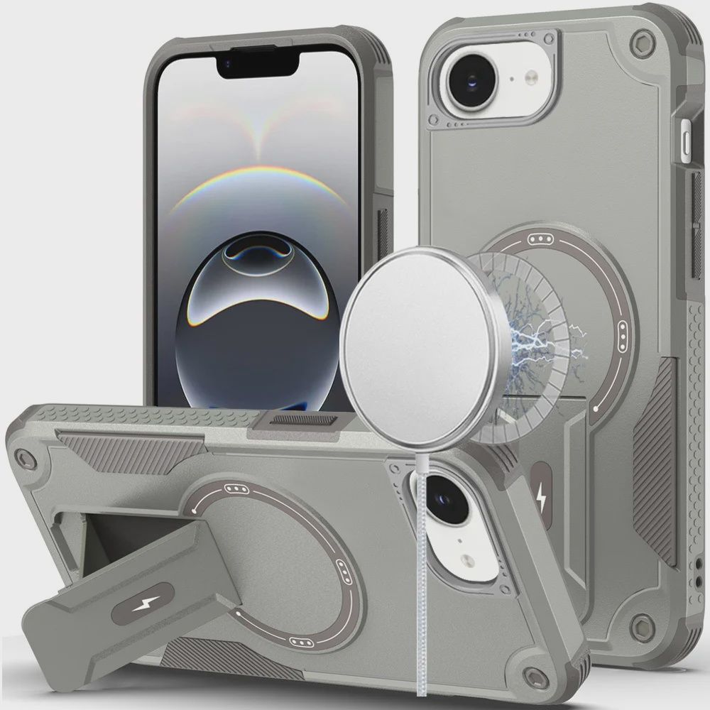 For iPhone 17E / 16E / SE4 Sturdy Bracket Kickstand Magnetic Hybrid - Grey
