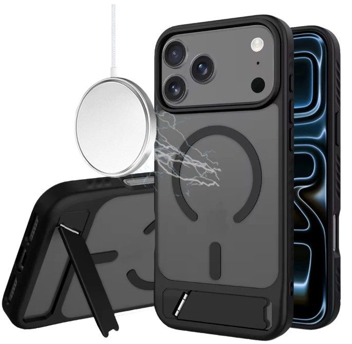 For iPhone 17 Pro Matte Magnetic Hybrid with Metal Kickstand Case - Black