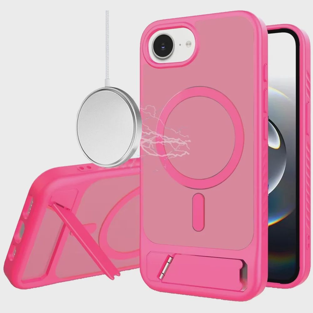 For iPhone 17E / 16E / SE4 Matte Magnetic Hybrid with Metal Kickstand Case - Hot Pink