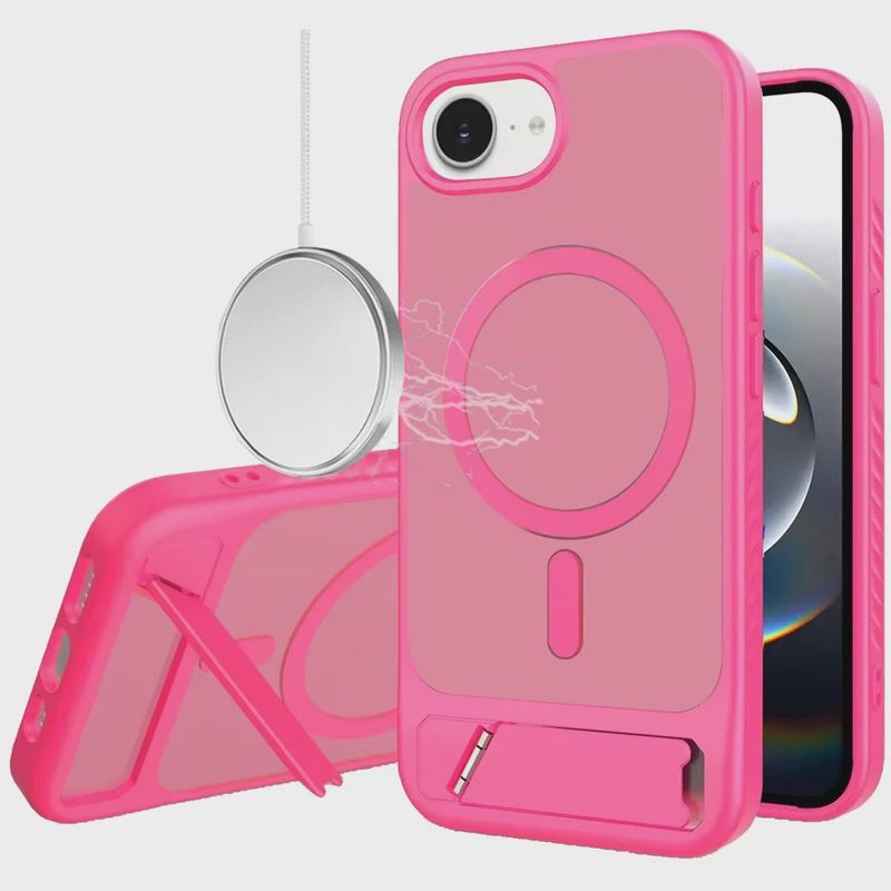 For iPhone 17E / 16E / SE4 Matte Magnetic Hybrid with Metal Kickstand Case - Hot Pink