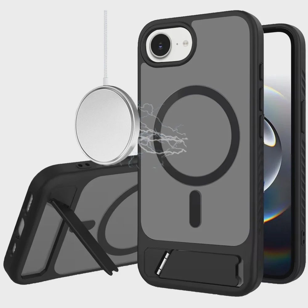 For iPhone 17E / 16E / SE4 Matte Magnetic Hybrid with Metal Kickstand Case - Black