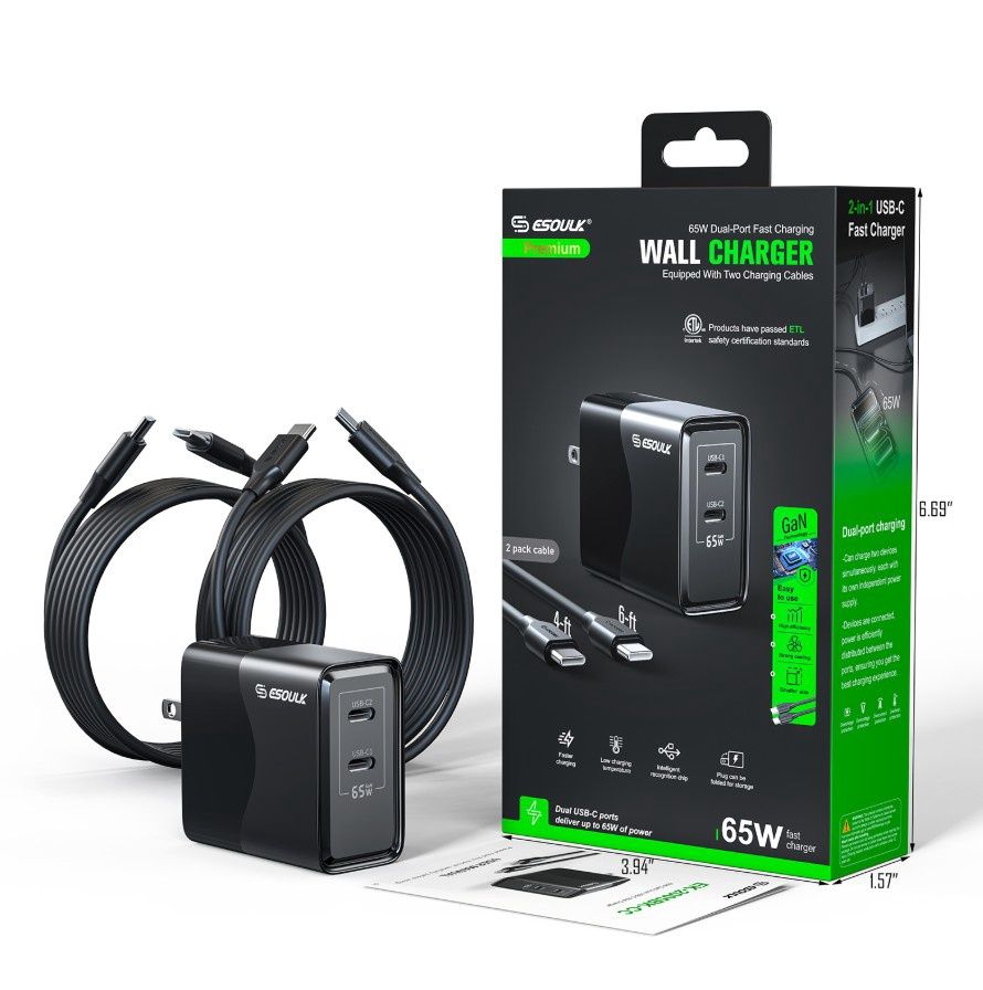 Esoulk 65W GaN Dual USB-C Wall Charger + 4Ft &amp; 6Ft USB-C Cable