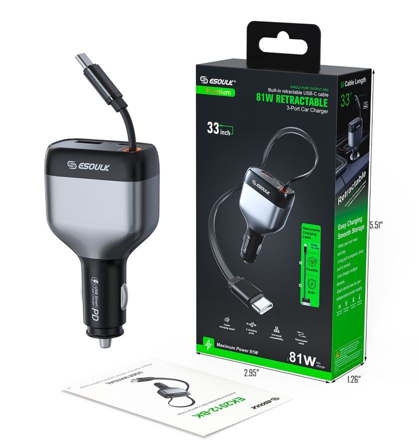 81W Built-in Retractable USB-C Cable Car Charger Item: EK2012-BK