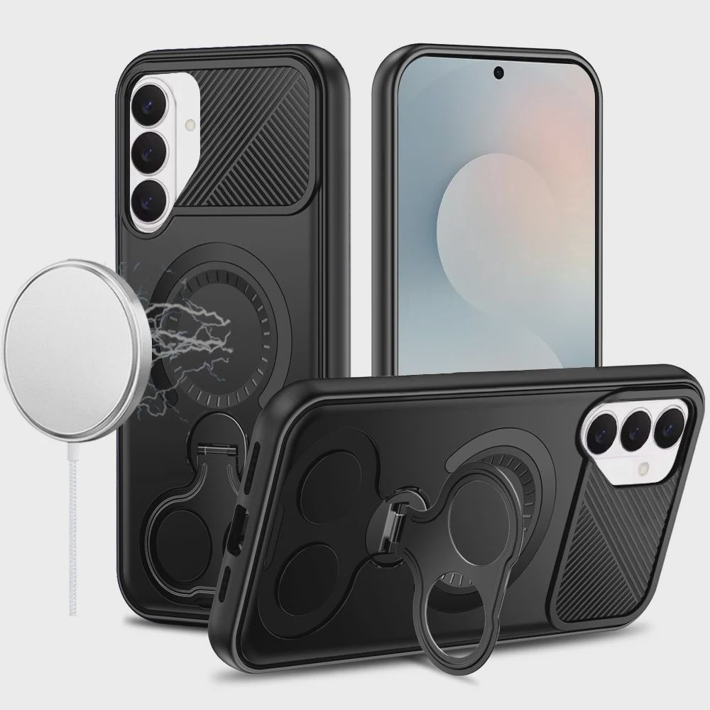 Car Mount with 2-Ring Stand Hybrid Case for Samsung A16 5G  - Black