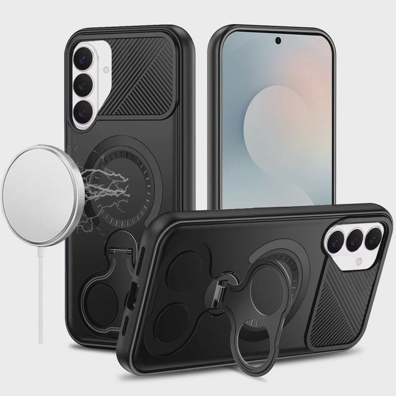Car Mount with 2-Ring Stand Hybrid Case for Samsung A16 5G  - Black