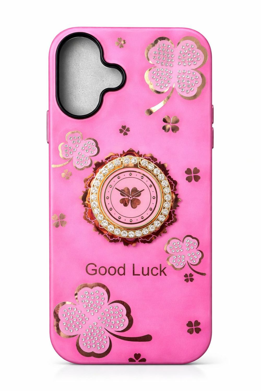 Elegant Good Luck Clover Phone Case with Rhinestone Ring Stand for Iphone 17- Pink