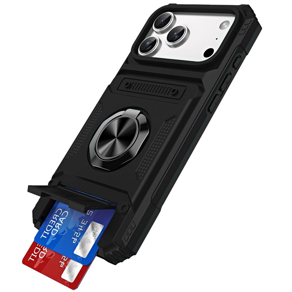 For iPhone 17 Pro Max Multi-Functional 2X Card Slot Shockproof Metal Ring Hybrid Case - Black