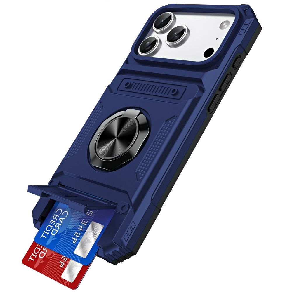 For iPhone 17 Pro Max Multi-Functional 2X Card Slot Shockproof Metal Ring Hybrid Case - Blue