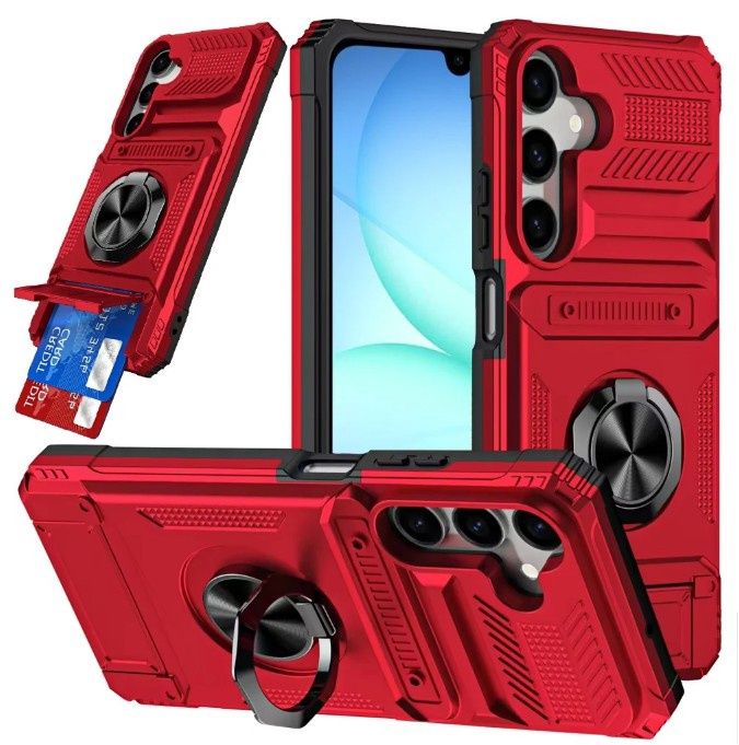 For Samsung A17 5G Multi-Functional 2X Card Slot Shockproof Metal Ring Hybrid Case - Red