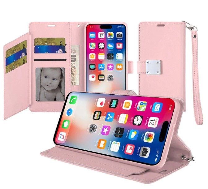 For iPhone 16 Pro 6.3 inch Wallet ID Card Holder Case Cover - Rose Gold