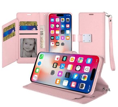 For iPhone 16 Pro 6.3 inch Wallet ID Card Holder Case Cover - Rose Gold