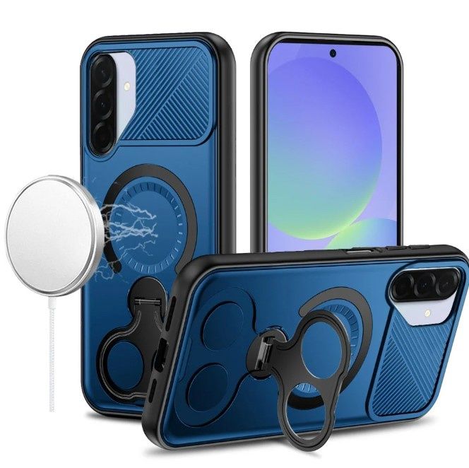 For Samsung A17 5G Car Mount with 2-Ring Stand Hybrid Case - Blue