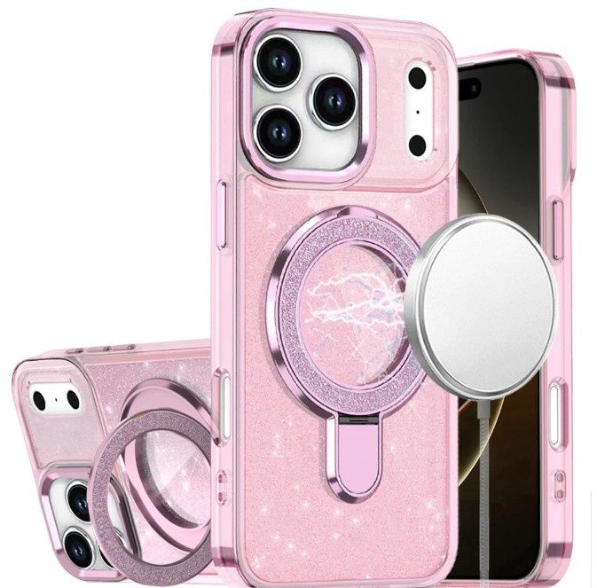 For iPhone 17 Pro Transparent Glitter Rotaional Magnetic Ring Stand HQ Hybrid - Light Pink