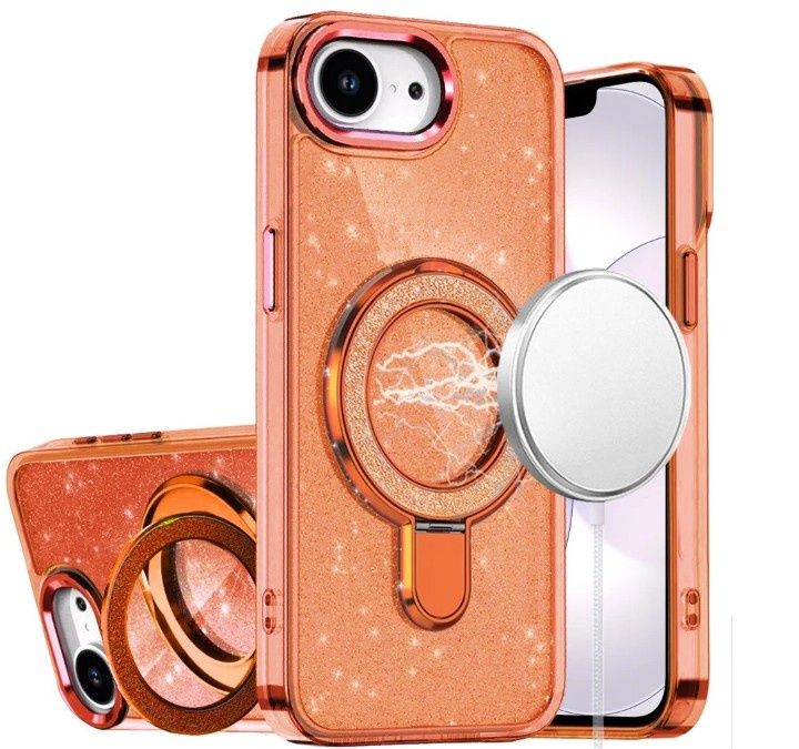 For iPhone 16E (E edition) / SE4 (2025) Transparent Glitter Rotaional Magnetic Ring Stand HQ Hybrid - Cosmic Orange