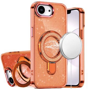 For iPhone 16E (E edition) / SE4 (2025) Transparent Glitter Rotaional Magnetic Ring Stand HQ Hybrid - Cosmic Orange