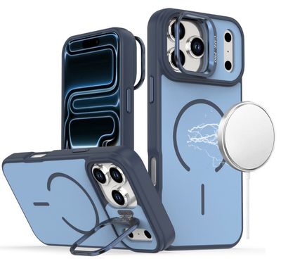 For iPhone 17 Pro Premium Matte Magnetic Metal Camera Stand Hybrid Case - Navy Blue