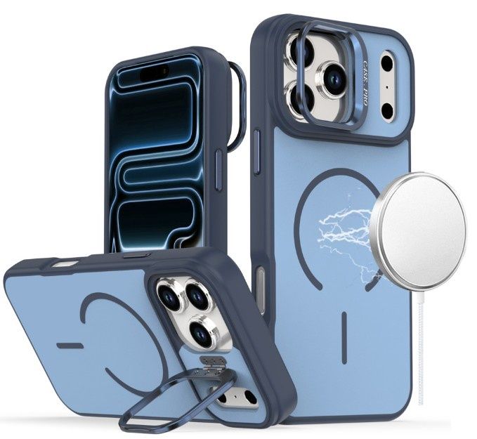 For iPhone 17 Pro Premium Matte Magnetic Metal Camera Stand Hybrid Case - Navy Blue