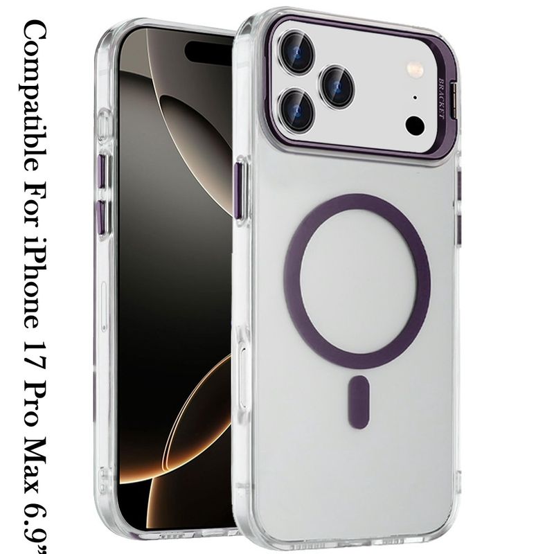 For iPhone 17 Pro Max Transparent HQ Hybrid with Metallic Camera Stand Magnetic Ring Case - Dark Purple