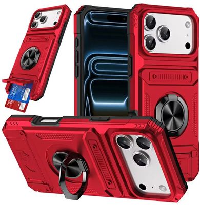 For iPhone 17E / 16E / SE4 Multi-Functional 2X Card Slot Shockproof Metal Ring Hybrid Case - Red
