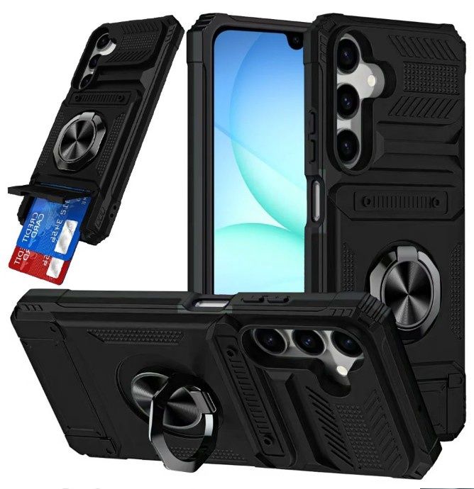 For Samsung A17 5G Multi-Functional 2X Card Slot Shockproof Metal Ring Hybrid Case - Black