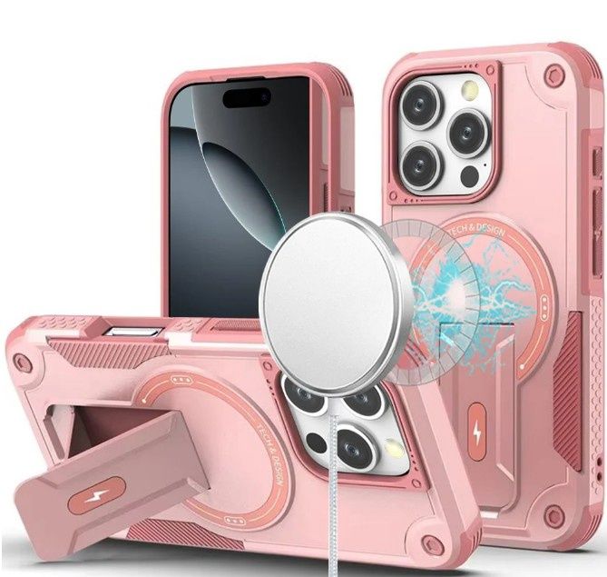For iPhone 16 Pro 6.3 inch Sturdy Bracket Kickstand Magnetic Hybrid - Pink