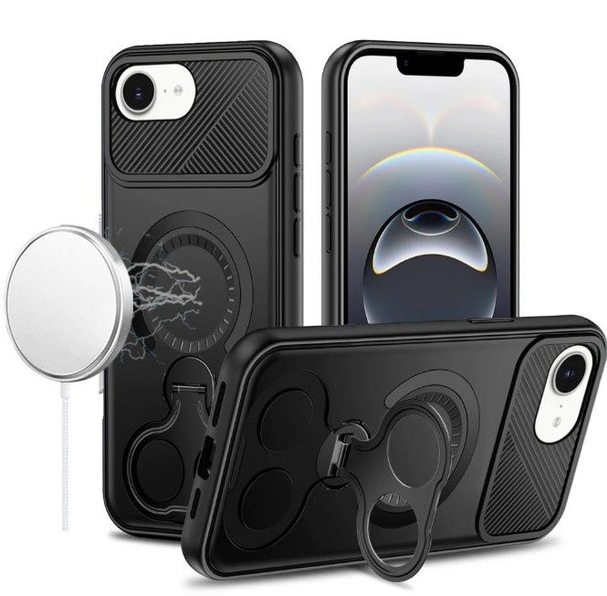For iPhone 17E / 16E / SE4 Car Mount with 2-Ring Stand Hybrid Case - Black