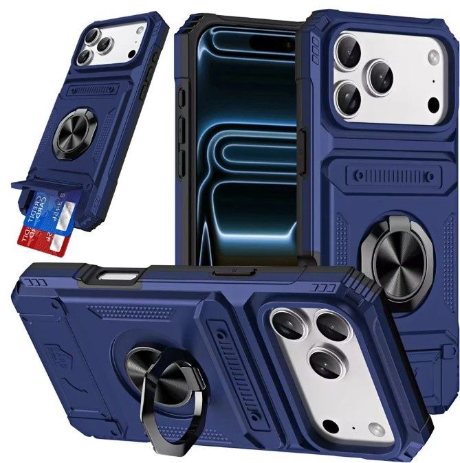 For iPhone 17E / 16E / SE4 Multi-Functional 2X Card Slot Shockproof Metal Ring Hybrid Case - Blue