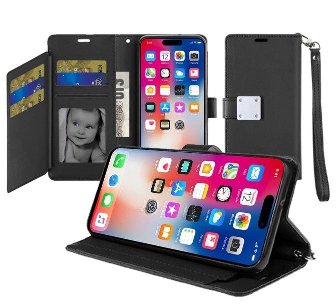 For iPhone 16 Pro 6.3 inch Wallet ID Card Holder Case Cover - Black