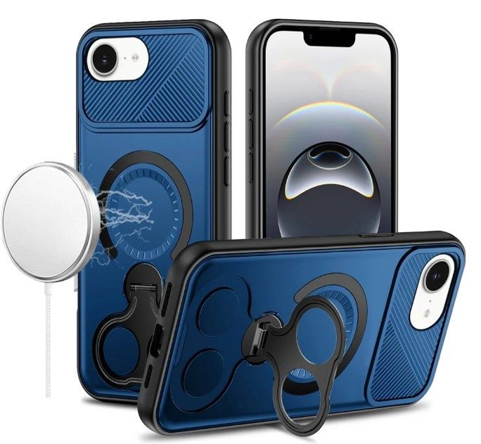 For iPhone 17E / 16E / SE4 Car Mount with 2-Ring Stand Hybrid Case - Blue