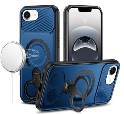 For iPhone 17E / 16E / SE4 Car Mount with 2-Ring Stand Hybrid Case - Blue