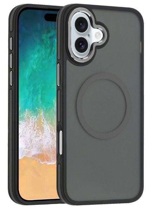 For iPhone 16 Plus 6.7 inch Royal Magnetic Ring Skin-Touch HQ Metal Buttons/Camera Lip Hybrid - Black