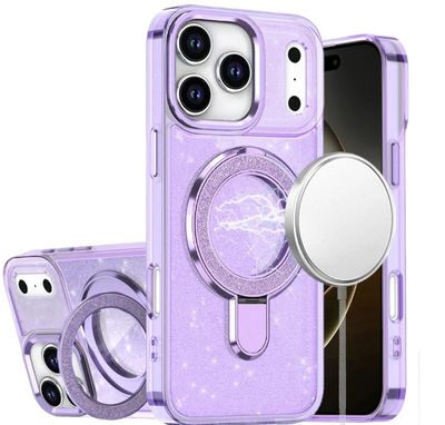 For iPhone 17 Pro Transparent Glitter Rotaional Magnetic Ring Stand HQ Hybrid - Light Purple