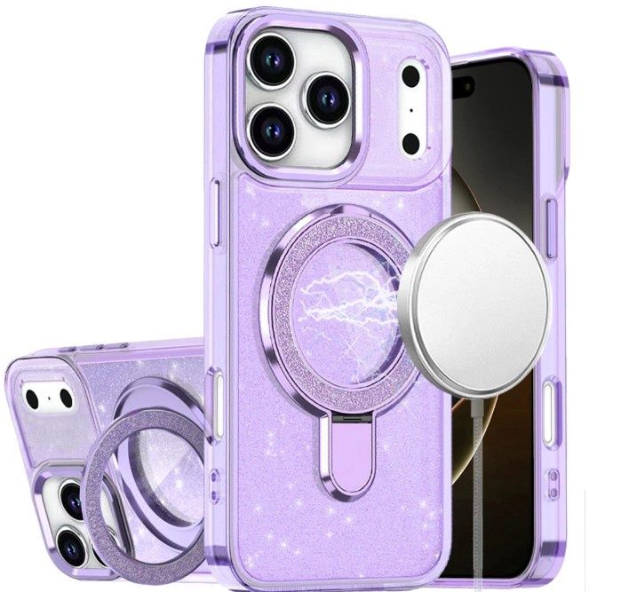 For iPhone 17 Pro Transparent Glitter Rotaional Magnetic Ring Stand HQ Hybrid - Light Purple