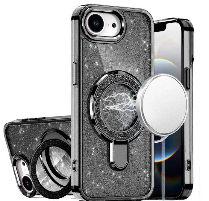 For iPhone 17E / 16E / SE4 Transparent Glitter Rotaional Magnetic Ring Stand HQ Hybrid - Black
