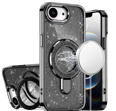 For iPhone 17E / 16E / SE4 Transparent Glitter Rotaional Magnetic Ring Stand HQ Hybrid - Black