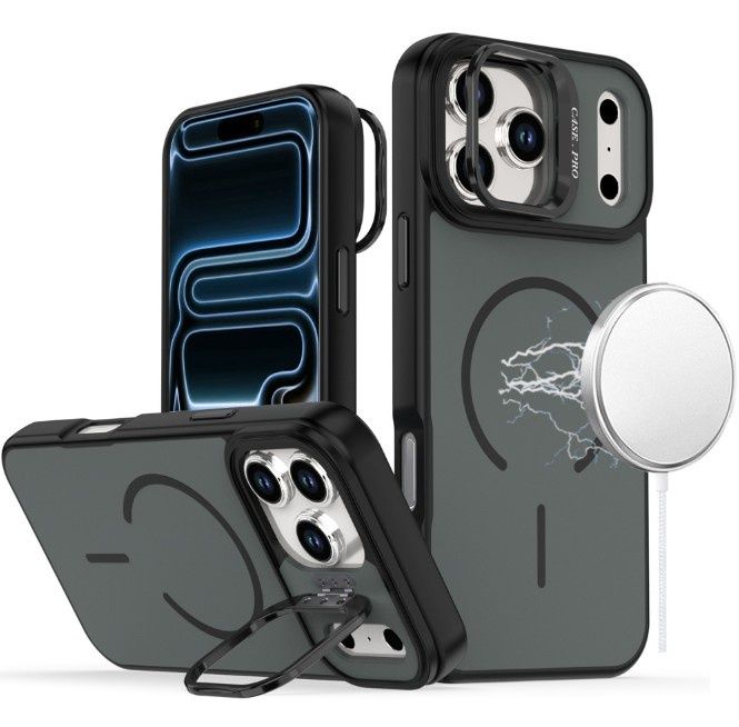 For iPhone 17 Pro Premium Matte Magnetic Metal Camera Stand Hybrid Case - Black