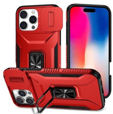 For iPhone 16 Pro 6.3 inch Complete Magnetic Metal Ring Stand Camera Protection Hybrid - Red