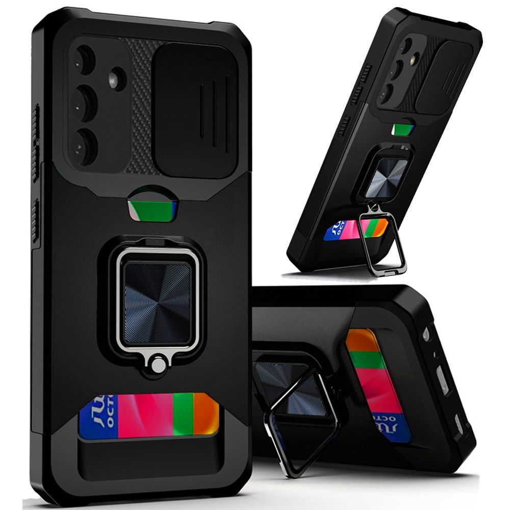 Multi-Functional Card Magnetic Ring Stand Hybrid Camera Case Cover For Samsung s25 Plus/s24 Plus - Black